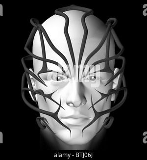 Mann mit futuristischen tribal Mask. 3D Illustration. Stockfoto