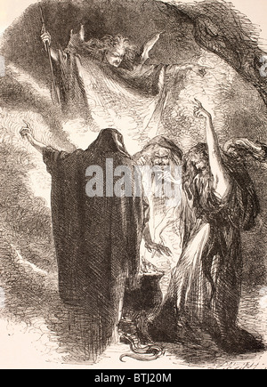 Illustration der Hexen um ihren Kessel in William Shakespeares Macbeth. Stockfoto