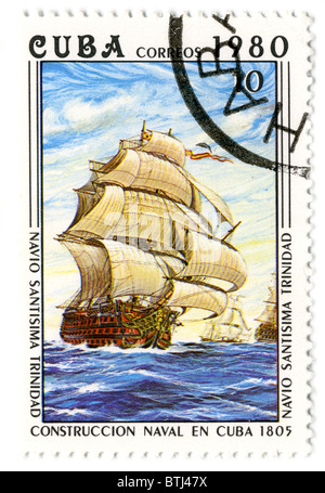 Kuba - CIRCA 1980: Eine Briefmarke gedruckt in Kuba zeigt Bild des hölzernen Segelschiff, circa 1980. Stockfoto