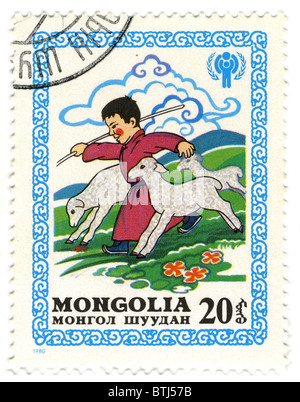 Mongolei - CIRCA 1980: Eine Briefmarke gedruckt in Mongolei zeigt Bild des Kindes, circa 1980. Stockfoto