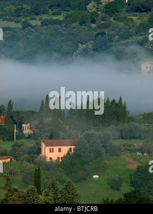 Fabelhafte Landschaft der nebligen Morgen in der Toskana. Das Tal zwischen Montepulciano und Chiusi Stockfoto