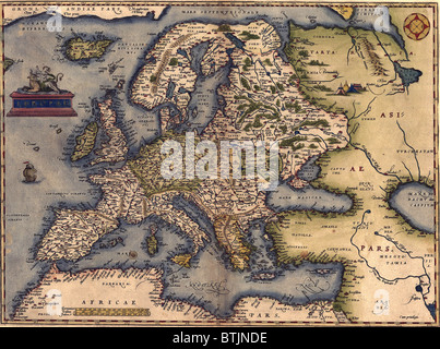 1570-Karte von Europa.   Von Abraham Ortelius Atlas, "Theatrvm Orbis Terrarvm." Stockfoto