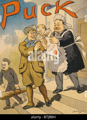 Cartoon, kommentierte den Übergang von Roosevelt, Taft-Präsidentschaft im Jahr 1909. Cartoon-Beschriftung ist "Baby, küssen Papa Lebewohl." Taft müsste Roosevelts Kritik zu ertragen, und eine dritte Herausforderung, die seine Chancen für eine zweite Amtszeit ruiniert. Stockfoto