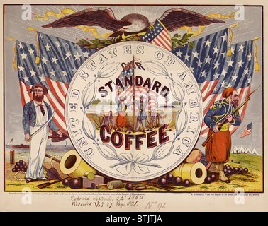 Kaffee, Vereinigte Staaten von Amerika, unsere standard Kaffee, Illustration mit Zuaven, Soldat, Adler und Fahnen, ca. 1863. Stockfoto