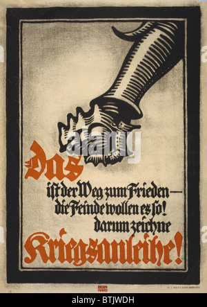 Ersten Weltkrieg, deutsche Plakat zeigt eine eiserne Faust, "das ist der Weg zum Frieden-der Feind will es so! Abonnieren Sie deshalb die Kriegsanleihe ", übersetzt von original Plakat-Beschriftung:" Das ist der Weg Zum Frieden, sterben Feinde hielten es so! Darum Zeichne Kriegsanleihe! ", von Lucian Bernhard, ca. 1914-1918. Stockfoto