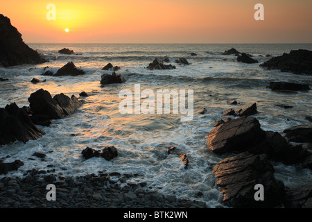 Sonnenuntergang über Felsen am Hartland Quay, North Devon, England, UK Stockfoto