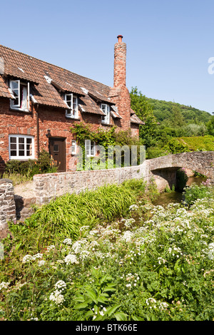 Die seichten Fluss Aller fließt unter der alten Pack Pferd Brücke bei Allerford, Exmoor, Somerset Stockfoto