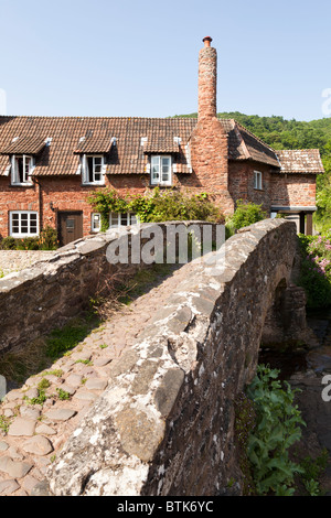 Die alten Pack Pferd Brücke über die seichten Fluss Aller Allerford, Exmoor, Somerset Stockfoto