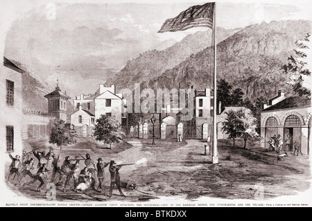 John Brown Harpers Ferry Aufstand am 17. Oktober 1859. Kapitän Albert Miliz feuern auf Browns Aufständischen von der Eisenbahnbrücke trapping Browns Gruppe in das Maschinenhaus, einem kleinen Backsteinbau am Eingang der Harpers Ferry Armory. Stockfoto