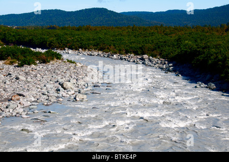 Fox Town, Fox Glacier, Mt Fox 1021metres, Fox River, Gletscher schmelzen Wasser, Westland-Nationalpark, Südinsel, Neuseeland Stockfoto