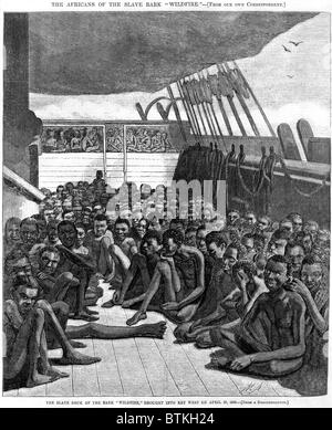 Die Slave-Deck des Schiffes "Wildfire", erfasst den Transport von Sklaven 510 Gefangenen, aus Afrika, der Karibik. Import von afrikanischen Gefangenen wurde in den USA im Jahre 1808, geächtet, aber einige illegale Handel weiter. Holzstich nach Daguerreotypie aus Key West am 30. April 1860. Stockfoto