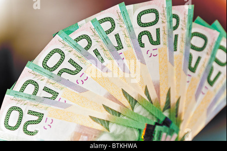 Eine erhöhte Ansicht der kanadischen zwanzig ($20) Dollarnoten statt. Stockfoto