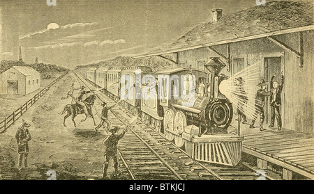 Der Texas-Expresszug beraubt durch sieben berittene Räuber bei Gadhill Signal Station im Januar 1874. Die Räuber waren Cole Younger und vielleicht die James Brothers und $11.500 saldiert. Stockfoto