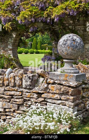 Blauregen wächst über eine kreisförmige Öffnung in eine Gartenmauer mit Blick durch auf den Rasen hinaus. Stockfoto