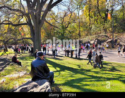 New York - 7 Nov.: Zuschauer im Central Park Uhr Läufer entlang die letzten paar Meilen von dem 2010Neue-York-City-Marathon Stockfoto