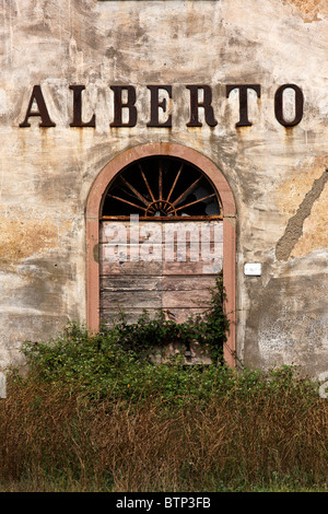 Eingang Tür des verlassenen Bauernhaus in der Nähe von Bolgheri, Nahaufnahme, Detail, Toskana, Italien Stockfoto