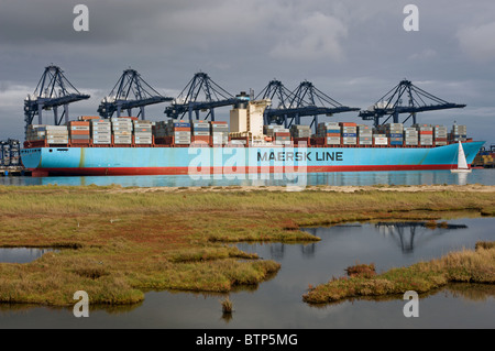 Trinity Kai im Hafen von Felixstowe, das die größten Containerschiffe der Welt aufnehmen kann wie die Elly Maersk Stockfoto