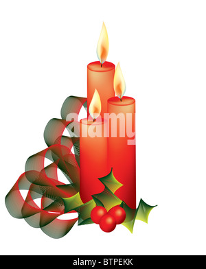 Weihnachtskerzen mit Heiligen abstrakt auf weißem Hintergrund Stockfoto