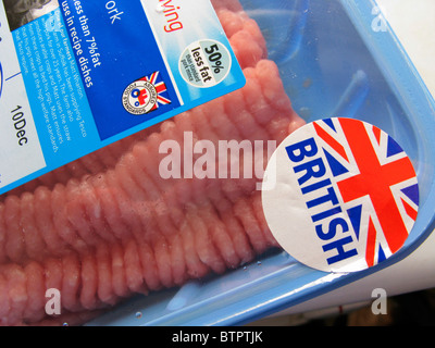 Gesundheit essen Schweinefleisch Hackfleisch mit dem britischen Logo & der kleine rote Traktor Zeichen Symbol aus der zugesicherten Food Standards association Stockfoto