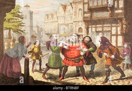 Frau Quickly hat Sir John Falstaff in Henry IV, Teil2 von William Shakespeare verhaftet. Stockfoto