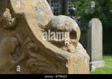 Schädel auf Grabstein Stockfoto