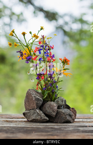 Wildblumen in einem machen Rock "Vase" auf einem Picknicktisch zu verlagern. Stockfoto