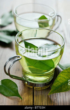 Nahaufnahme von frischem grünem Tee, Blätter Fokus auf den Tee im Wasser Stockfoto