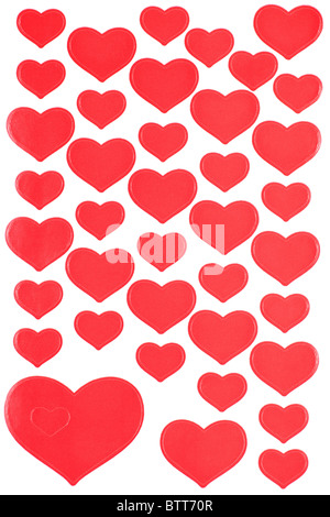 Rote Herzen Aufkleber Textur, weißen Hintergrund. Stockfoto