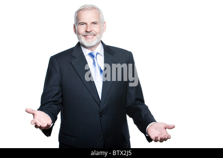 Kaukasische senior woman Porträt begrüßen isoliert Studio auf weißem Hintergrund Stockfoto