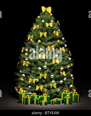 Weihnachten Tannenbaum mit goldenen Bögen und Kugeln über die schwarze 3D-Render eingerichtet Stockfoto