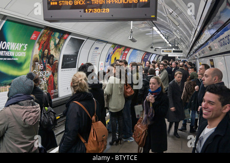 Rush Hour - Victoria Line Plattform - U-Bahn-Station Oxford Circus - London Abend Stockfoto