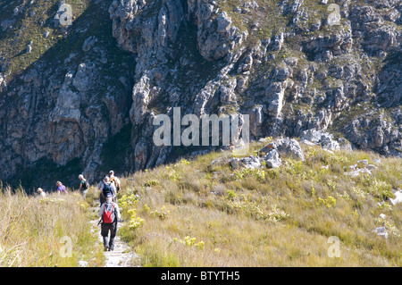 Rückansicht einer Gruppe Wanderer zu Fuß auf einem Wanderweg tragen Rucksäcke Stockfoto