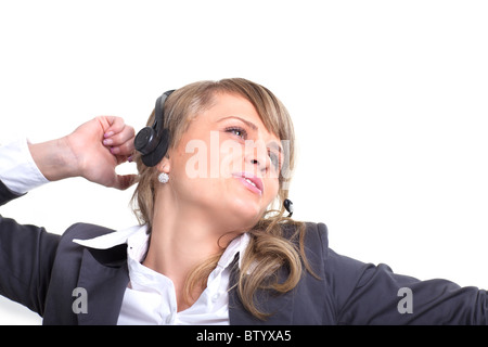 Junge attraktive Business Frau mit Kopfhörer arbeitet als Call Center Agent Stockfoto
