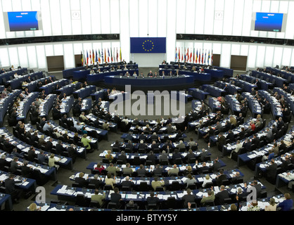 Plenarsaal mit Abgeordneten des Europäischen Parlaments, Straßburg, Frankreich Stockfoto