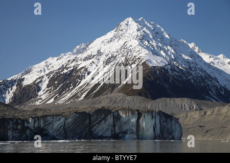 Gesicht der Tasman-Gletscher und Malte Brun, Aoraki / Mt Cook National Park, Canterbury, Südinsel, Neuseeland Stockfoto