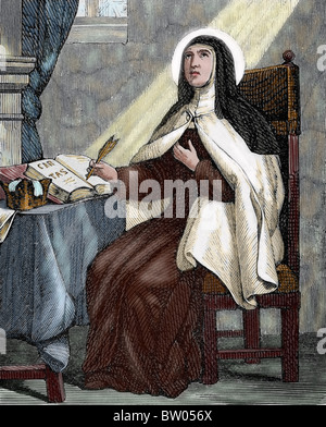 Teresa von Avila (1515-1582). Reformator des Karmeliter-Ordens. Kupferstich von Capuz. Farbige. Stockfoto