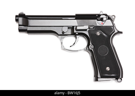 Waffe-Serie. Moderne US-Armee Pistole M9 Nahaufnahme. Isoliert auf weißem Hintergrund. Linke Seitenansicht. Studio gedreht. Stockfoto