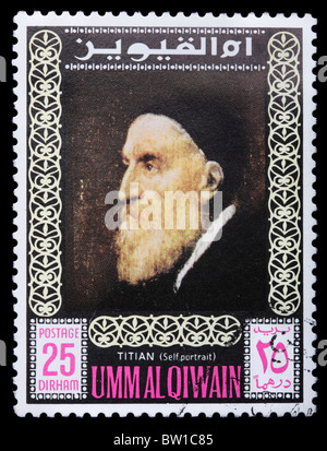 Briefmarken gedruckt in Vereinigten Arabischen Emiraten zeigt Selbstporträt des Künstlers Tizian, ca. 1975 Stockfoto