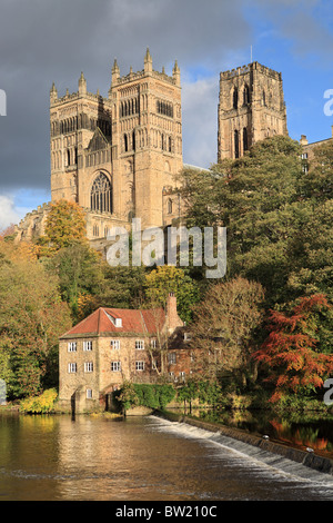 Durham Kathedrale und Walkmühle gesehen über den Fluss zu tragen, mit der Mühle Wehr im Vordergrund Stockfoto