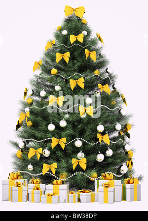 Weihnachten Tannenbaum geschmückt mit goldenen Bögen und Kugeln über die weißen 3d render Stockfoto