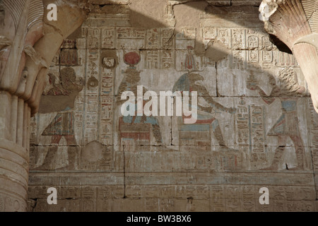 Hieroglyphen und Wandmalereien im Inneren der ptolemäischen Tempel des Horus in der antiken Stadt Edfu in Ägypten Stockfoto