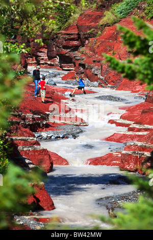 Junge, springen über Stream, Red Rock Canyon, Waterton Lakes National Park, Alberta, Kanada Stockfoto