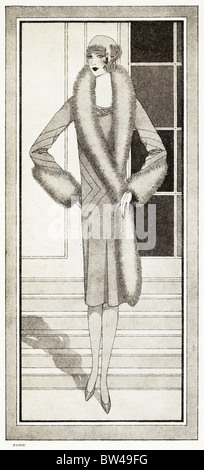 1928 Magazin Fashion Illustration der Mantel mit grauen Fuchspelz von Jean Patou getrimmt Stockfoto