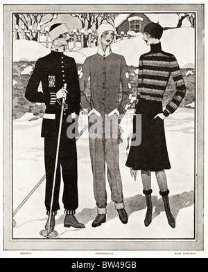 1928-Magazin-Mode Illustration von Kleidung für den Wintersport von Designern (l-R) Drecoll, Schiaparelli & Mary Nowitzky Stockfoto