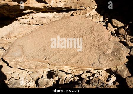 Radierungen auf einem gefallenen Felsen in der östlichen Wüste von Ägypten Stockfoto