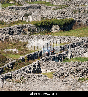 Ein Traktor fahren entlang einer grünen Gasse zwischen Feldern von Trockenmauern auf Inis Meain, Aran-Inseln, County Galway, Irland. Stockfoto