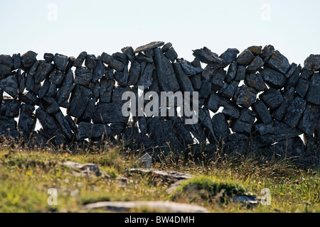 Trocknen Sie die Steinmauer auf Inis Meain, Aran-Inseln, County Galway, Connaught, Irland. Stockfoto