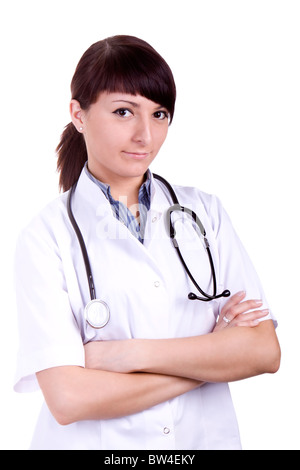 Porträt der Arzt lächelnd. Isoliert auf weiss. Stockfoto