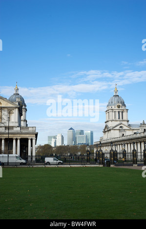 Blick von der alten königlichen Marinekrankenhaus in Greenwich, Canary Wharf, London, UK Stockfoto