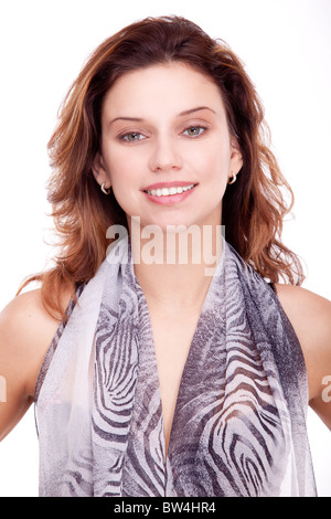 Porträt von eine glückliche junge Frau isoliert auf weißem Hintergrund Stockfoto